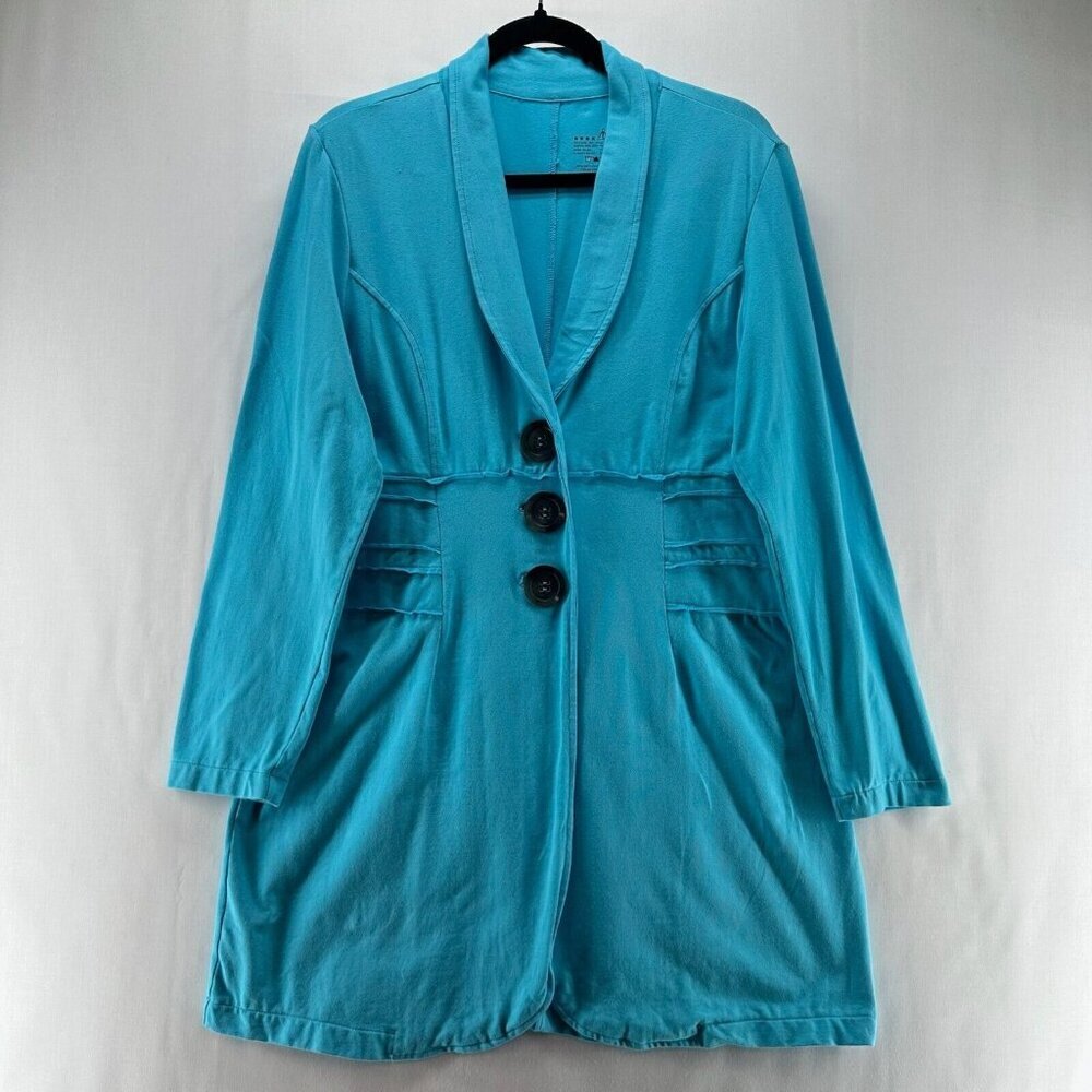 Neon Buddha Jacket Women Sz M Shawl Collar 3-Button Blazer Ruffled Hem Turquoise